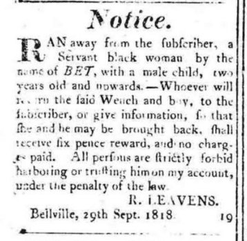 Fugitive slave advertisement for Bet, 1818