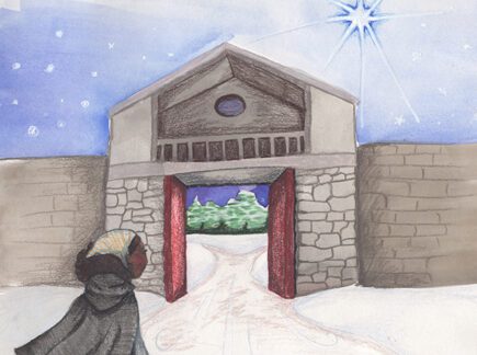 Watercolour illustration of a young black girl looking through the open gate of an 18th century fort. There is snow on the ground and a bright star in the sky.